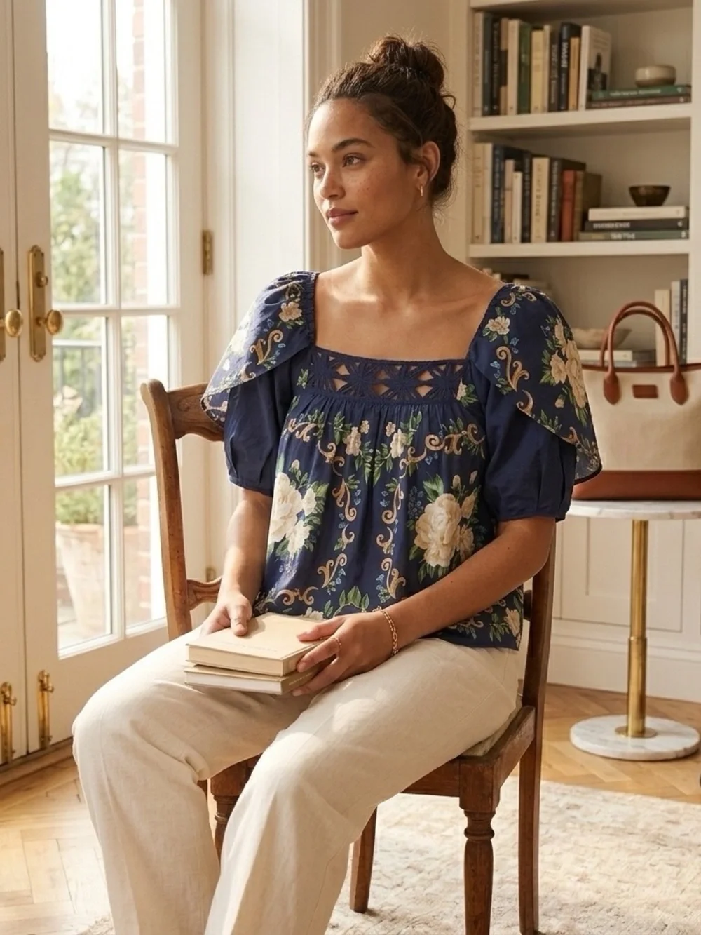 FARM Rio Navy Floral Square-Neck Puff Sleeve Blouse